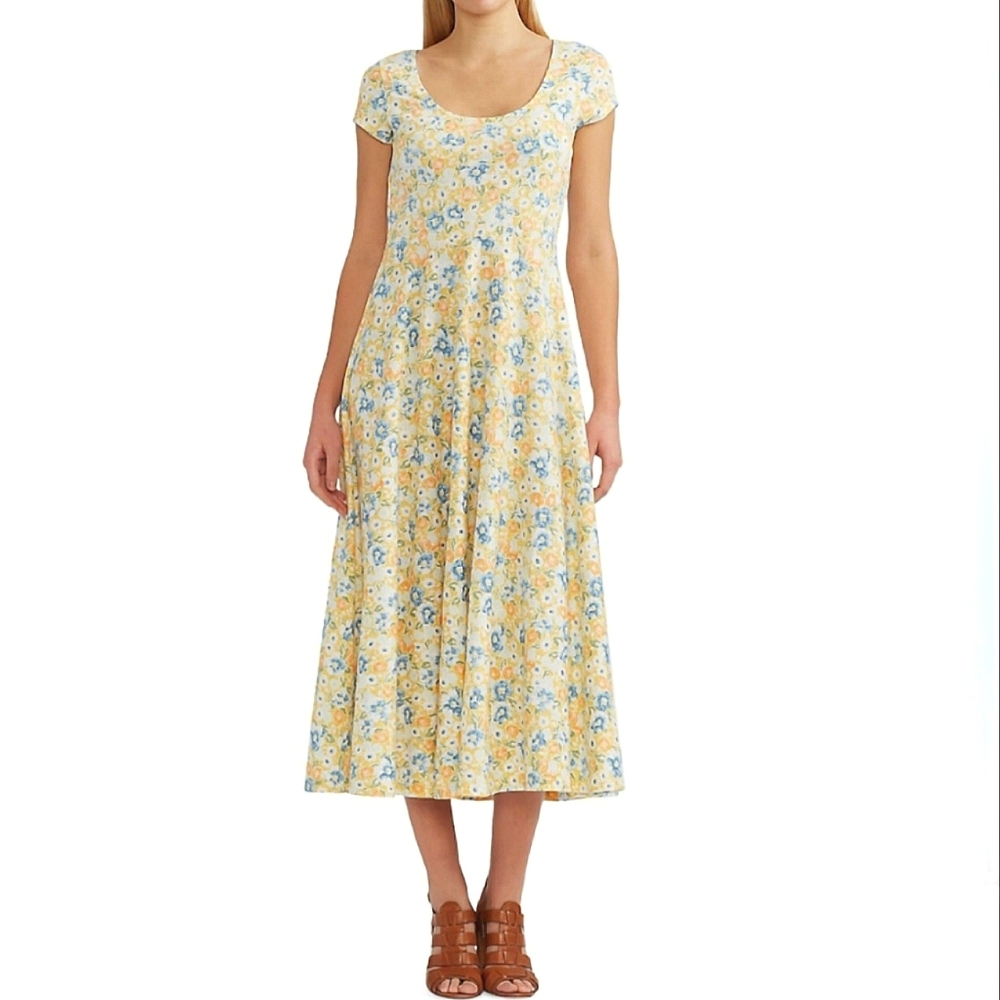 NWT CHAPS YELLOW BLUE FLORAL  COTTON MIDI FIT AND FLARE DRESS SIZE PS